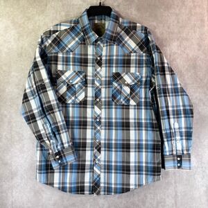 Coevals Club Western Shirt Mens L Blue Brown Plaid Pearl Snap Long Sleeve Yoke